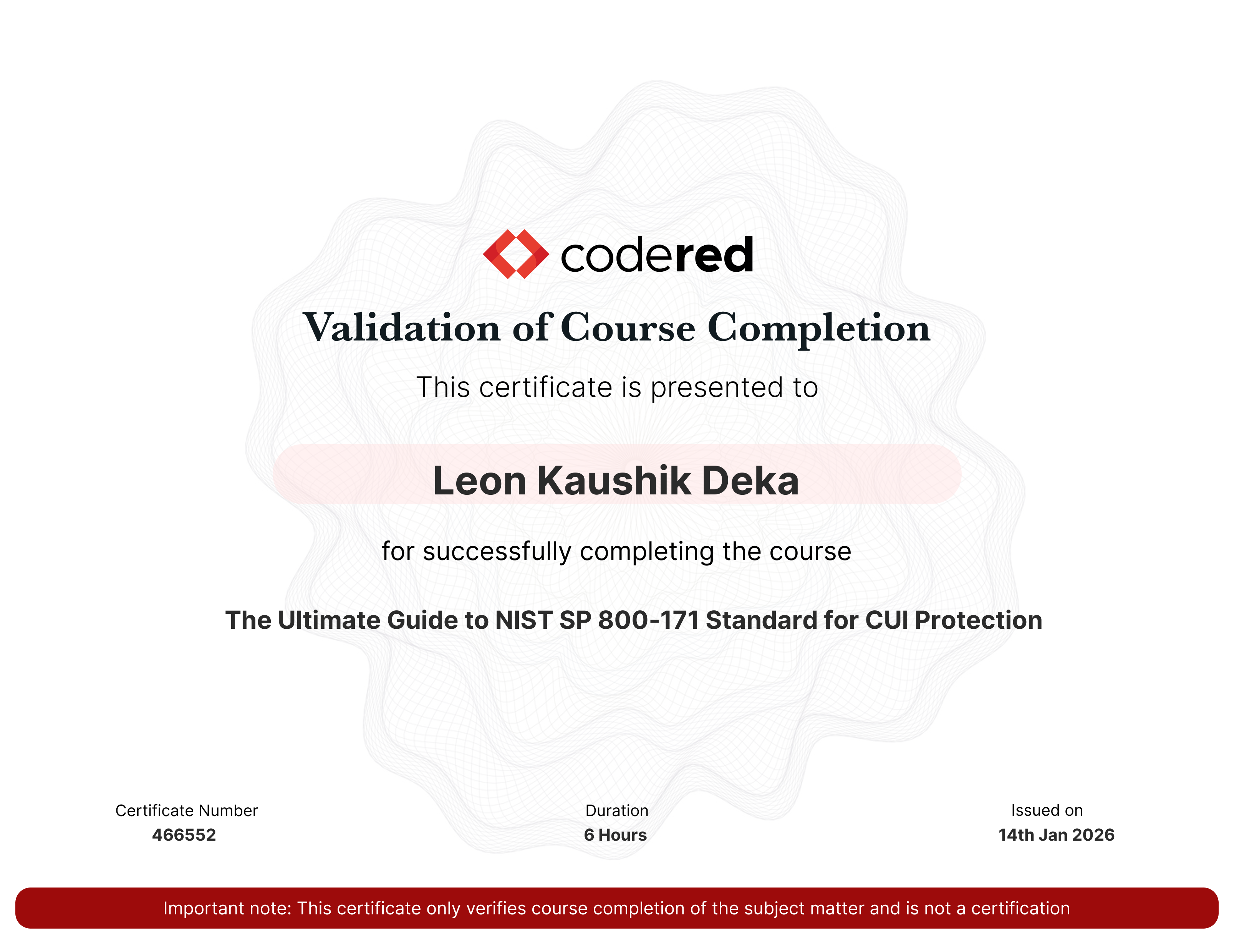 NIST SP 800-171 Standard for CUI Protection certificate
